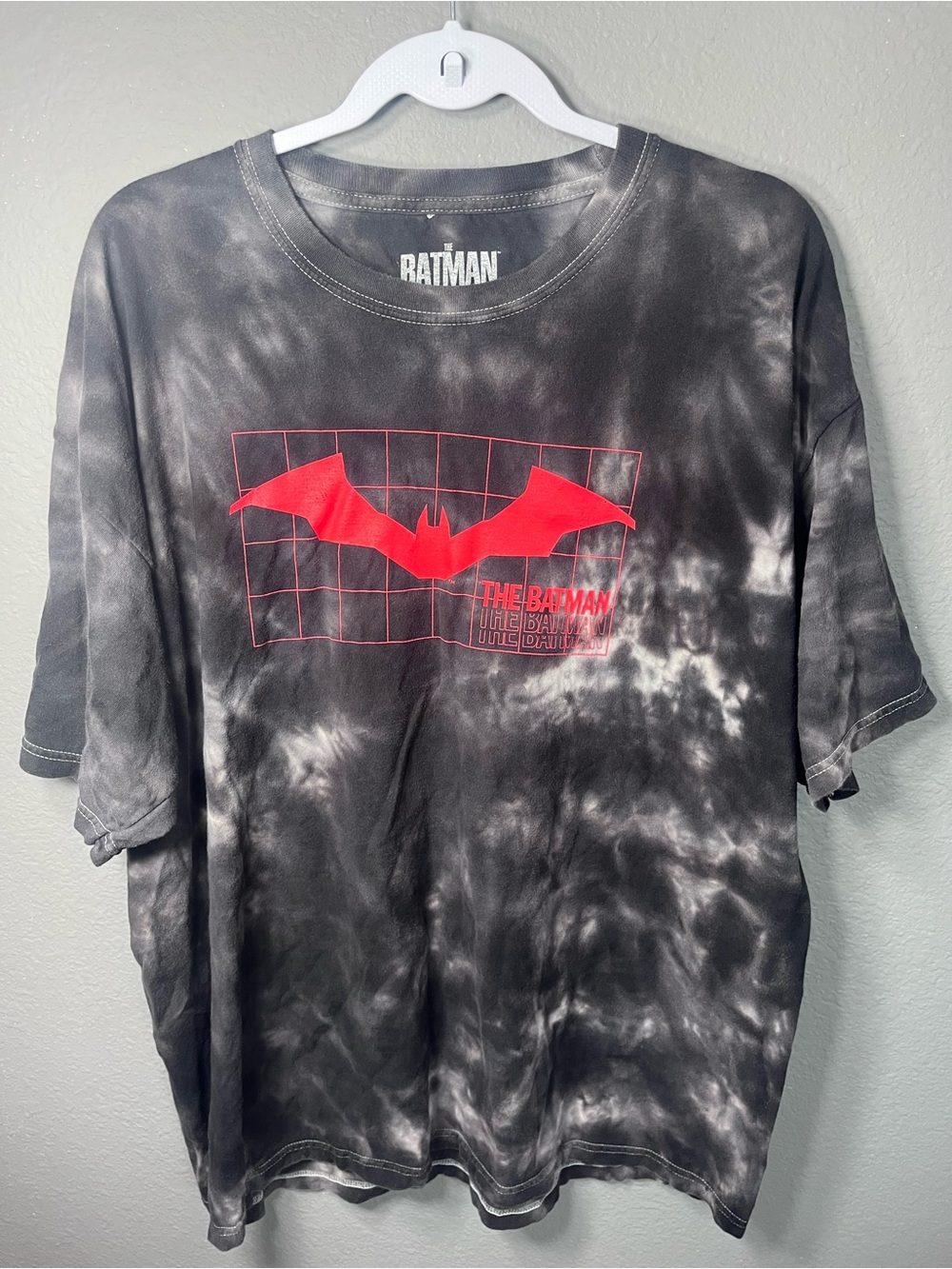 Batman Black & White Tie-Dye Tee with Red Bat Emblem